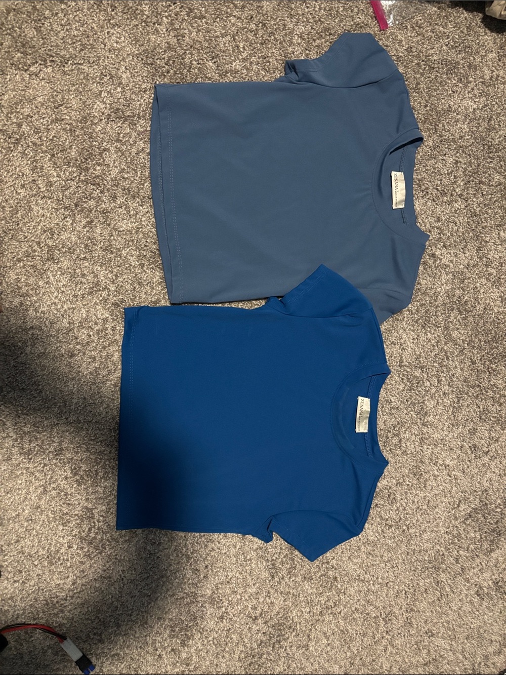 Zenana Crewneck cropped Short Sleeve performance Tee - Blue & Slate- set of 2